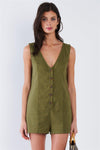 Moss Green Solid Chic V-Neck Front Button Mini Short Romper