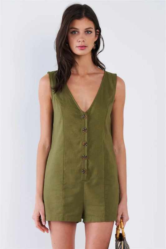 Moss Green Solid Chic V-Neck Front Button Mini Short Romper - Tasha Apparel Wholesale