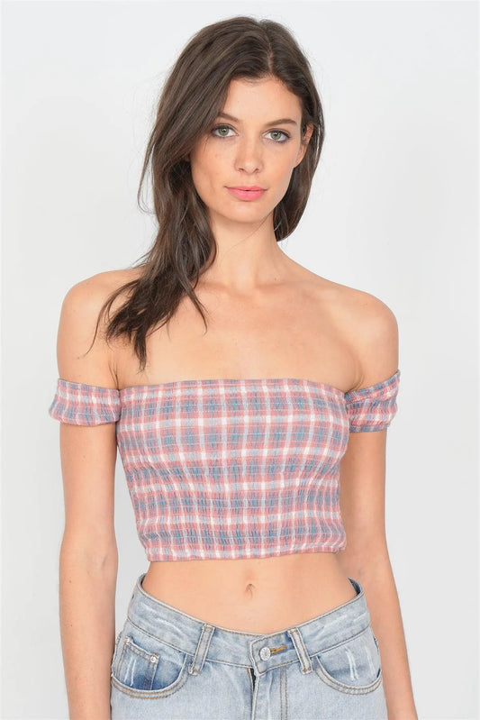 Coral Checkered Cotton Chic Off-The-Shoulder Crop Top /2-1-1 - Tasha Apparel Wholesale