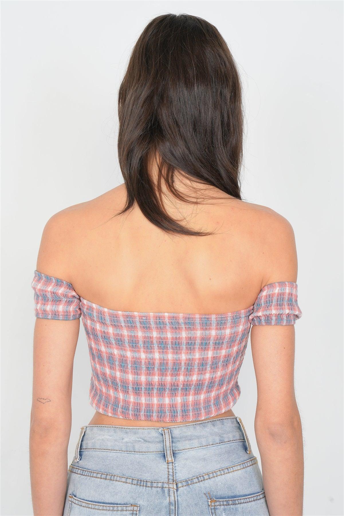 Coral Checkered Cotton Chic Off-The-Shoulder Crop Top /3-2-1