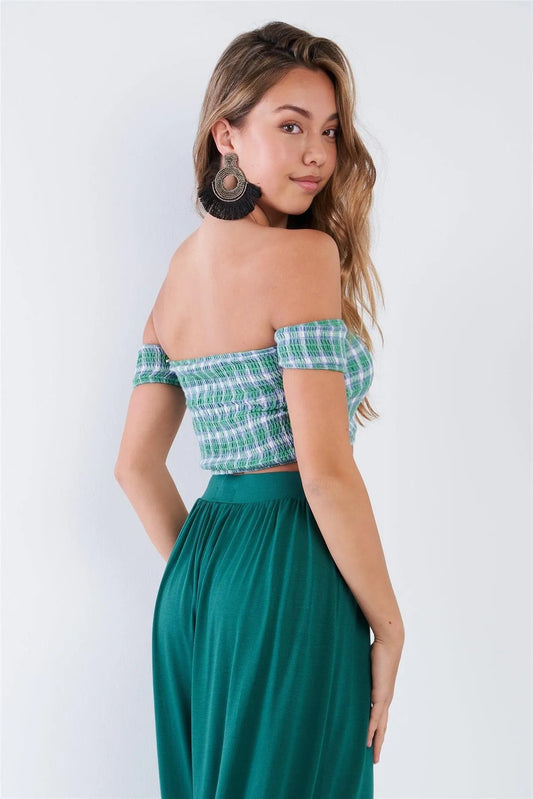 Green Checkered Cotton Chic Off-The-Shoulder Crop Top /3-2-1 - Tasha Apparel Wholesale