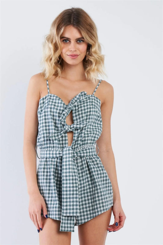 Green Checkered Layered Bow Cut Out Short Romper /3-2-1 - Tasha Apparel Wholesale