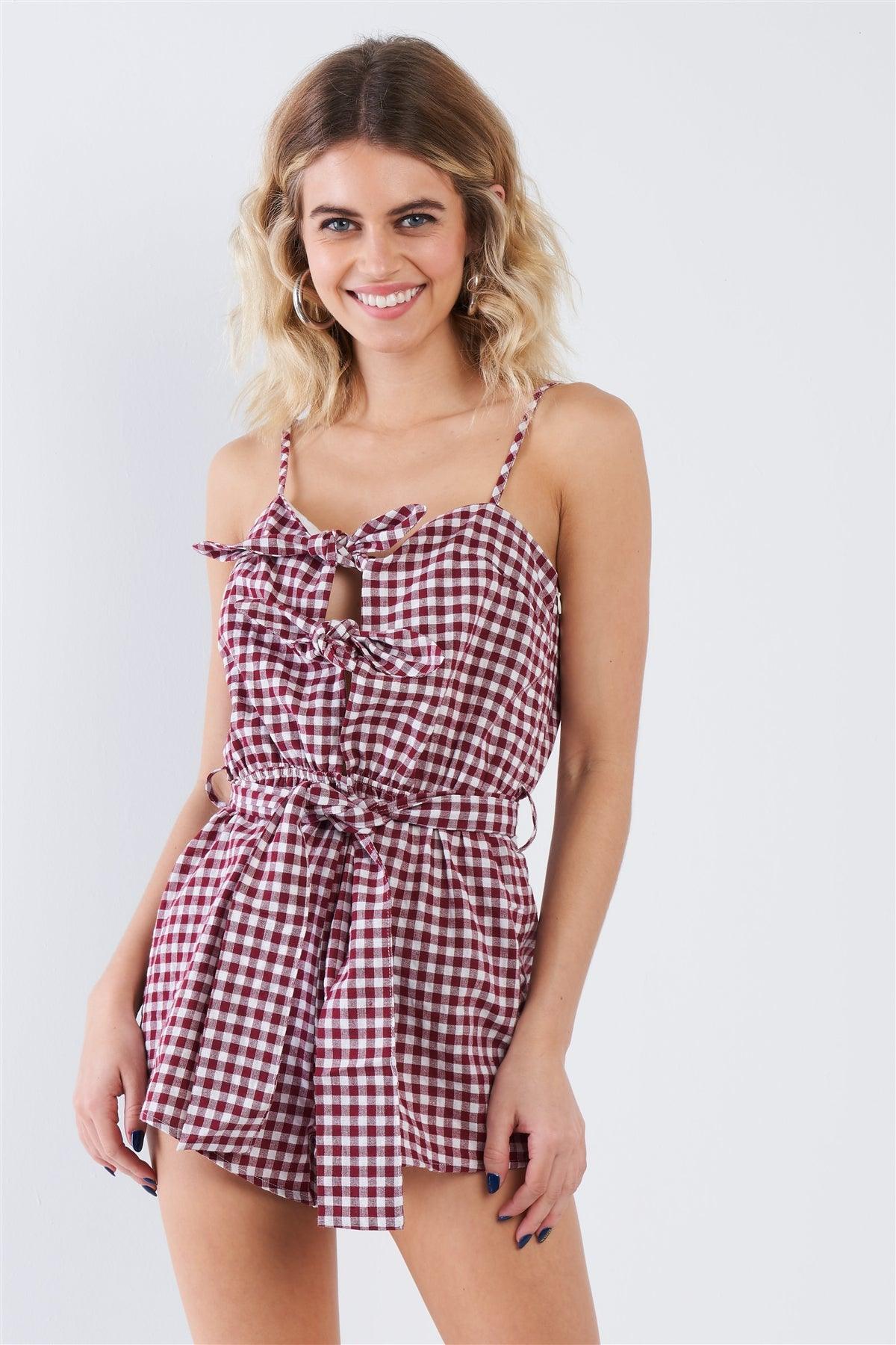 Wine Checkered Layered Bow Cut Out Short Romper  /3-2-1
