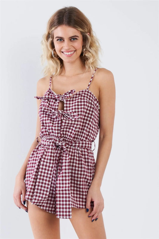 Wine Checkered Layered Bow Cut Out Short Romper - Tasha Apparel Wholesale