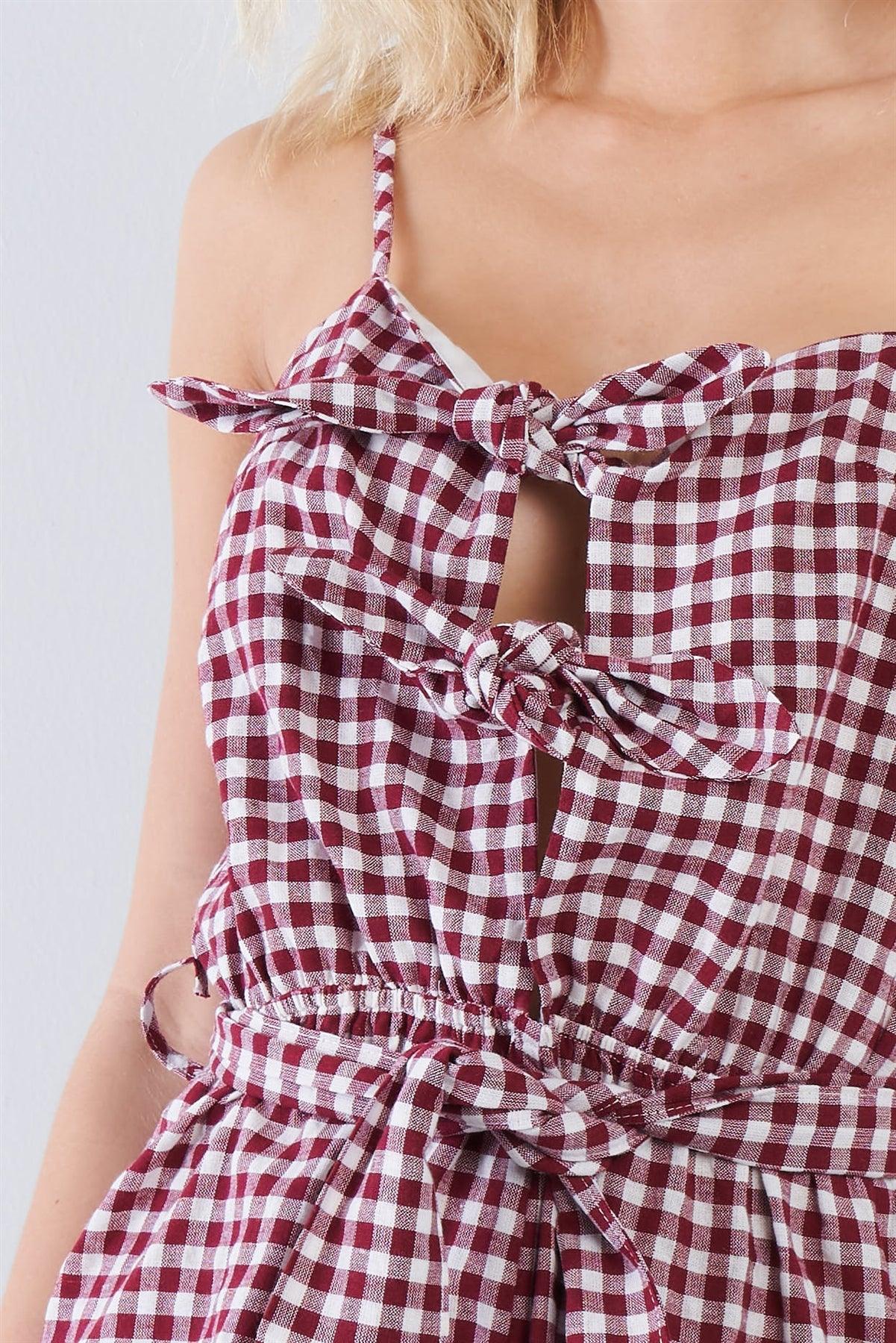Wine Checkered Layered Bow Cut Out Short Romper