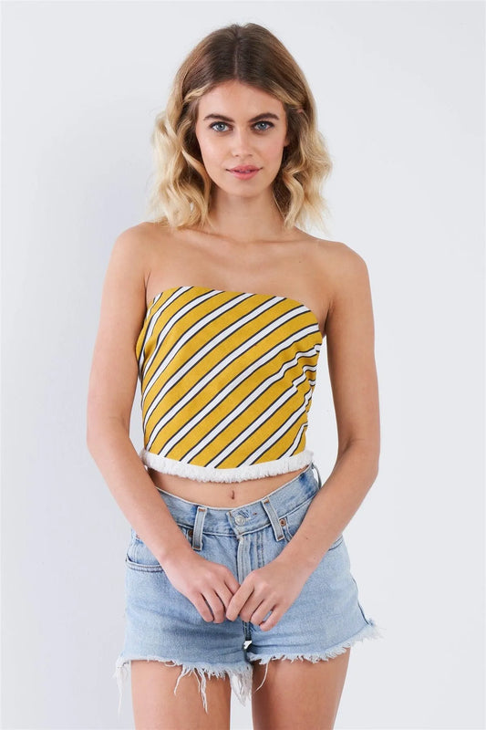 Mustard Yellow White & Navy Blue Stripe Back Knot Crop Top /3-2-1 - Tasha Apparel Wholesale