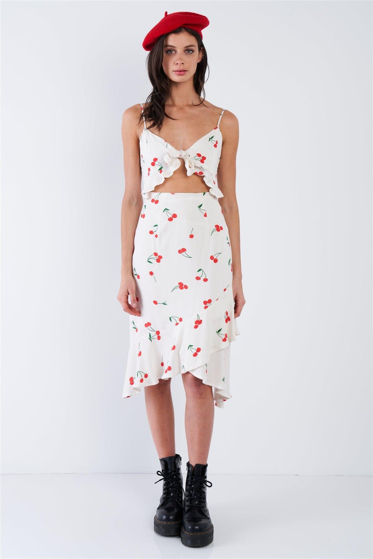 Cherry Print Front Cut Out Self-Tie Midi Dress /3-2-1