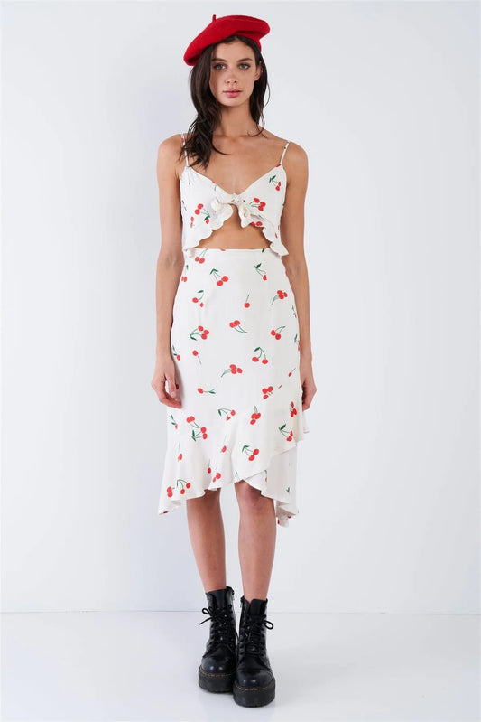 Cherry Print Front Cut Out Self-Tie Midi Dress /3-2-1 - Tasha Apparel Wholesale