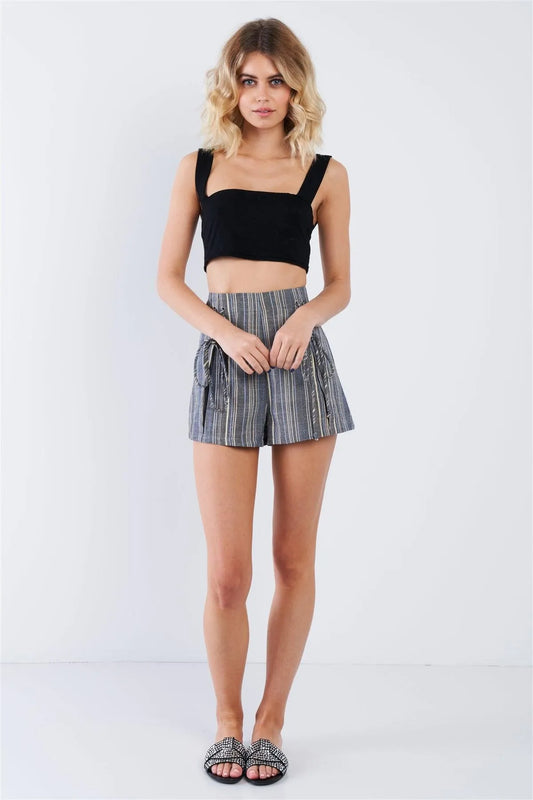 Multi Boho Chic Stripe Mock Lace Up Waist Mini Short /3-2-1 - Tasha Apparel Wholesale