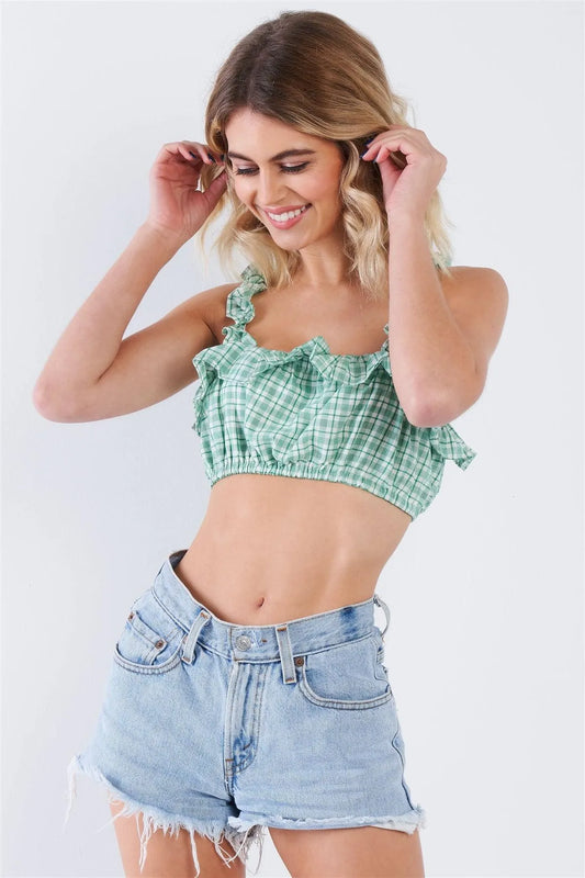 Green Cotton Multi Stripe Frill Trim Crop Top /3-2-1 - Tasha Apparel Wholesale
