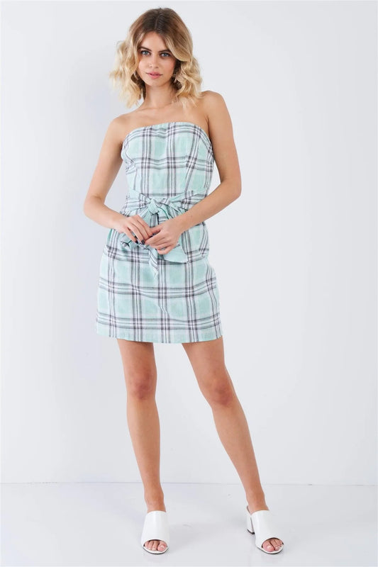 Green Plaid Stripe Tube Top Mock Wrap Mini Dress /3-2-1 - Tasha Apparel Wholesale