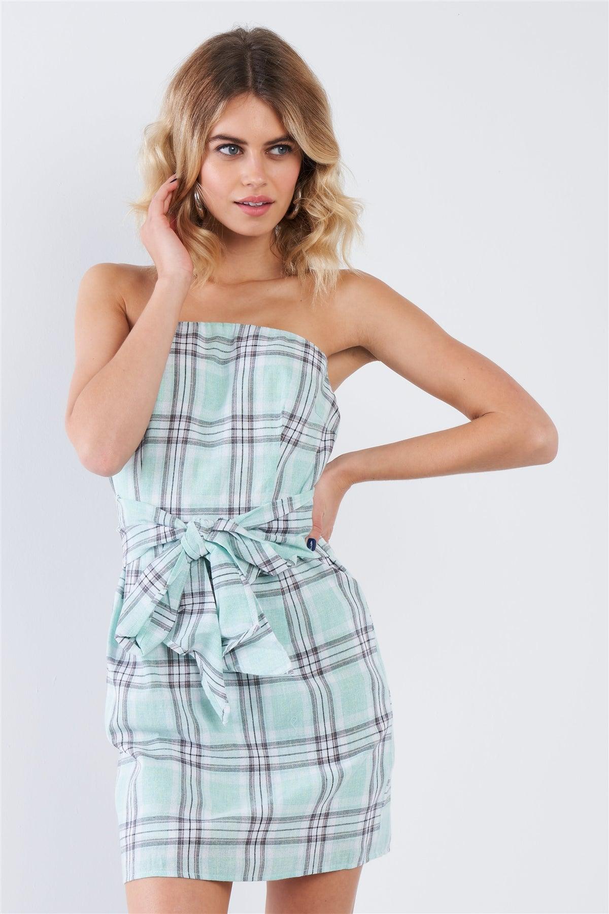 Green Plaid Stripe Tube Top Mock Wrap Mini Dress  /3-2-1