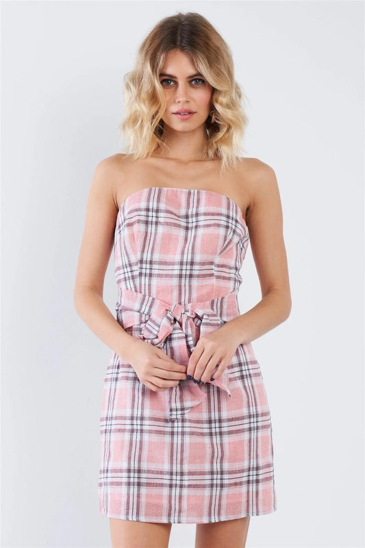 Pink Plaid Stripe Tube Top Mock Wrap Mini Dress - Tasha Apparel Wholesale