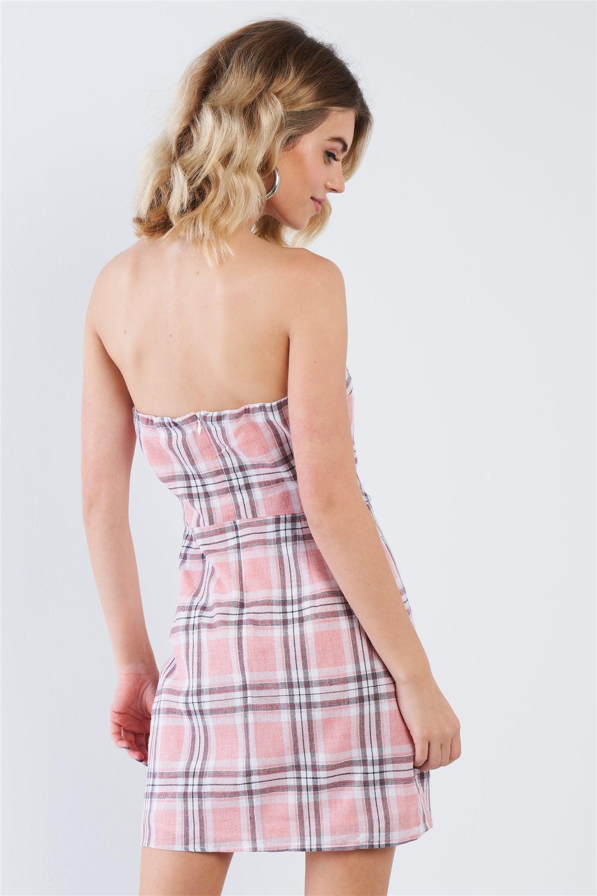 Pink Plaid Stripe Tube Top Mock Wrap Mini Dress