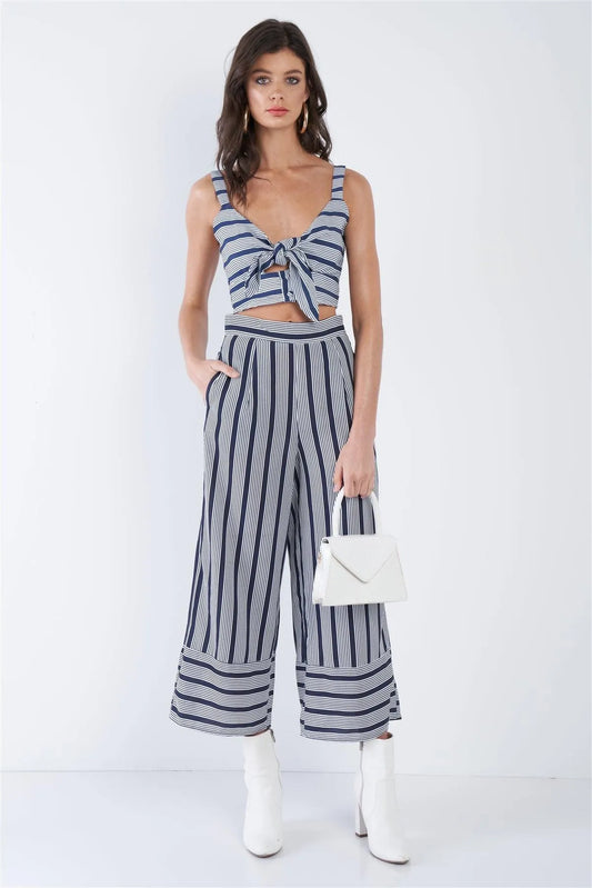 Navy & White Stripe Front Box Crop Top Wide Leg Gaucho Set /3-2-1 - Tasha Apparel Wholesale