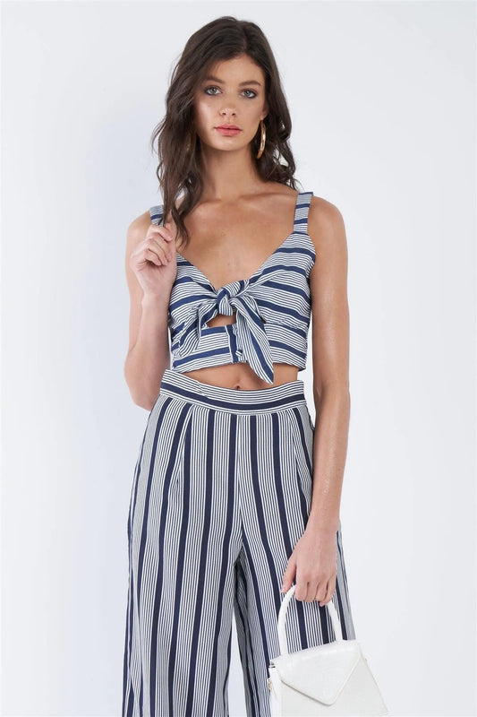 Navy & White Stripe Front Box Crop Top Wide Leg Gaucho Set /4-2 - Tasha Apparel Wholesale