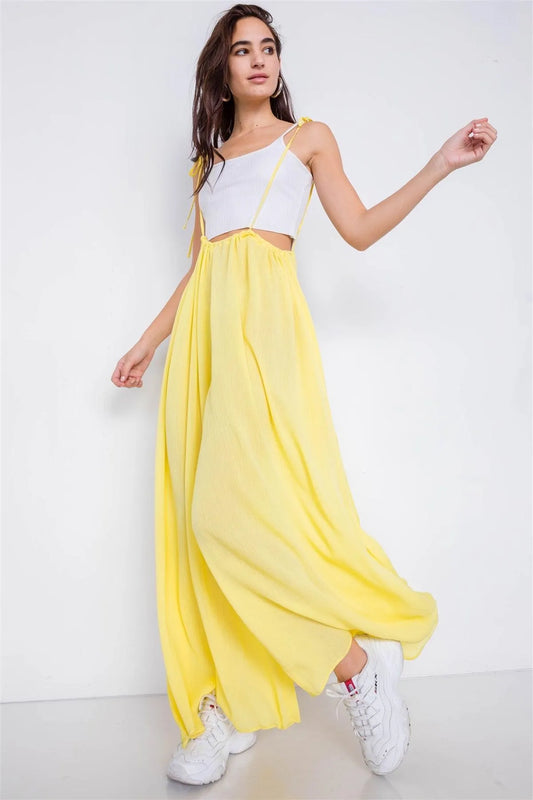 Yellow Overall Vintage Sheer Wide Leg Jumpsuit / 4-2-1 - Tasha Apparel Wholesale