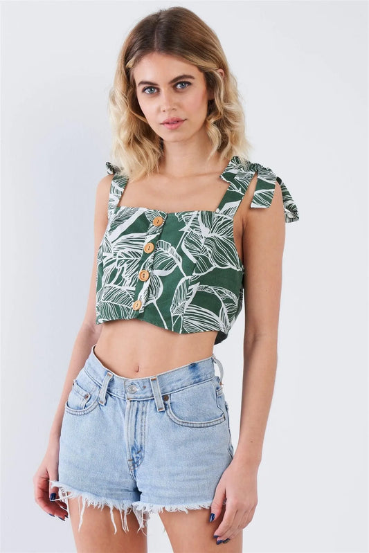 Green High Low Self Tie Shoulder Straps Crop Top - Tasha Apparel Wholesale