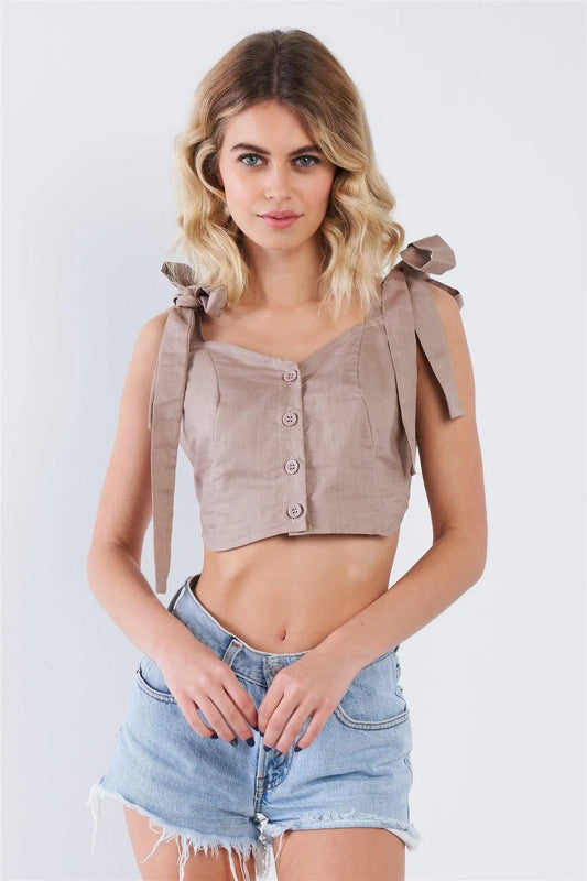 Taupe High Low Self Tie Shoulder Straps Crop Top - Tasha Apparel Wholesale