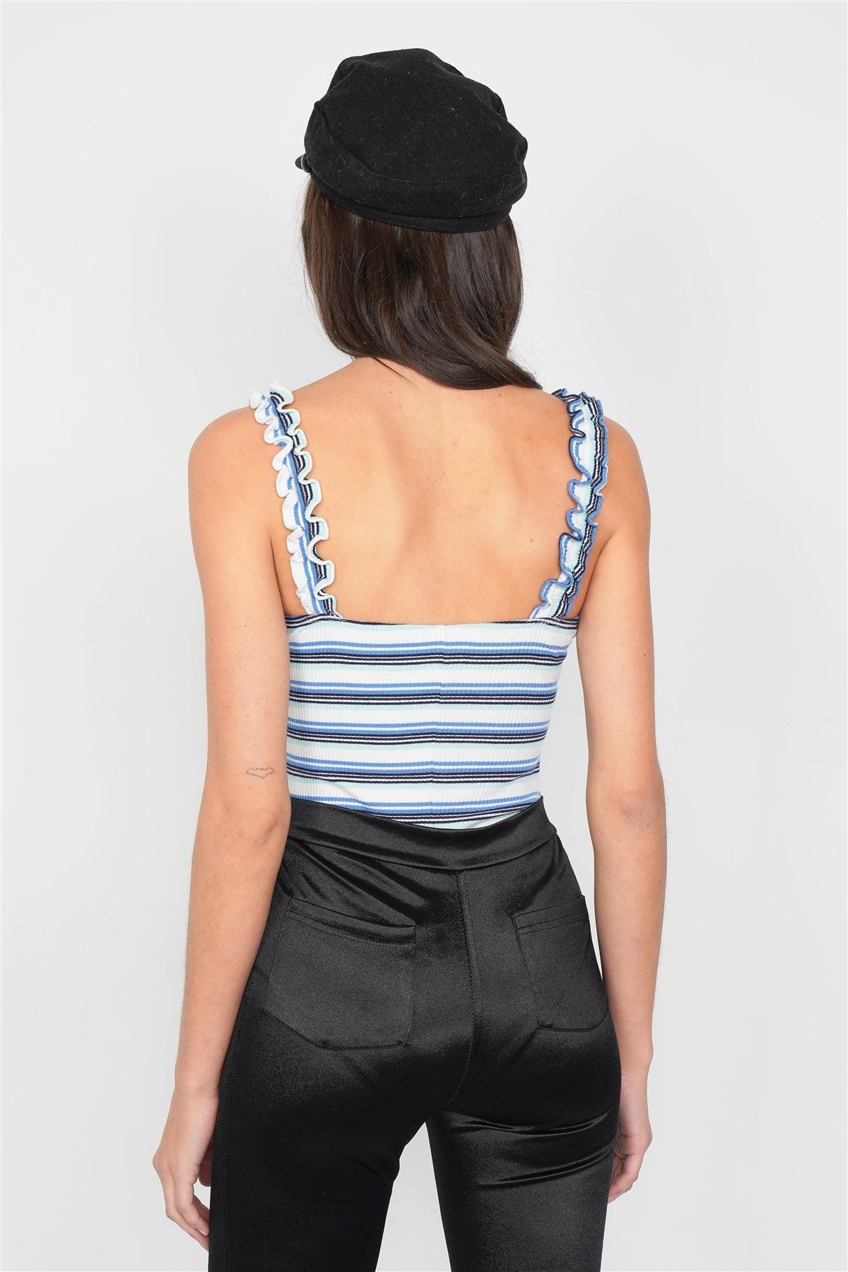 Blue Multi Stripe Square Neck Ruffle Cami Sleeve Bodysuit /3-2-1
