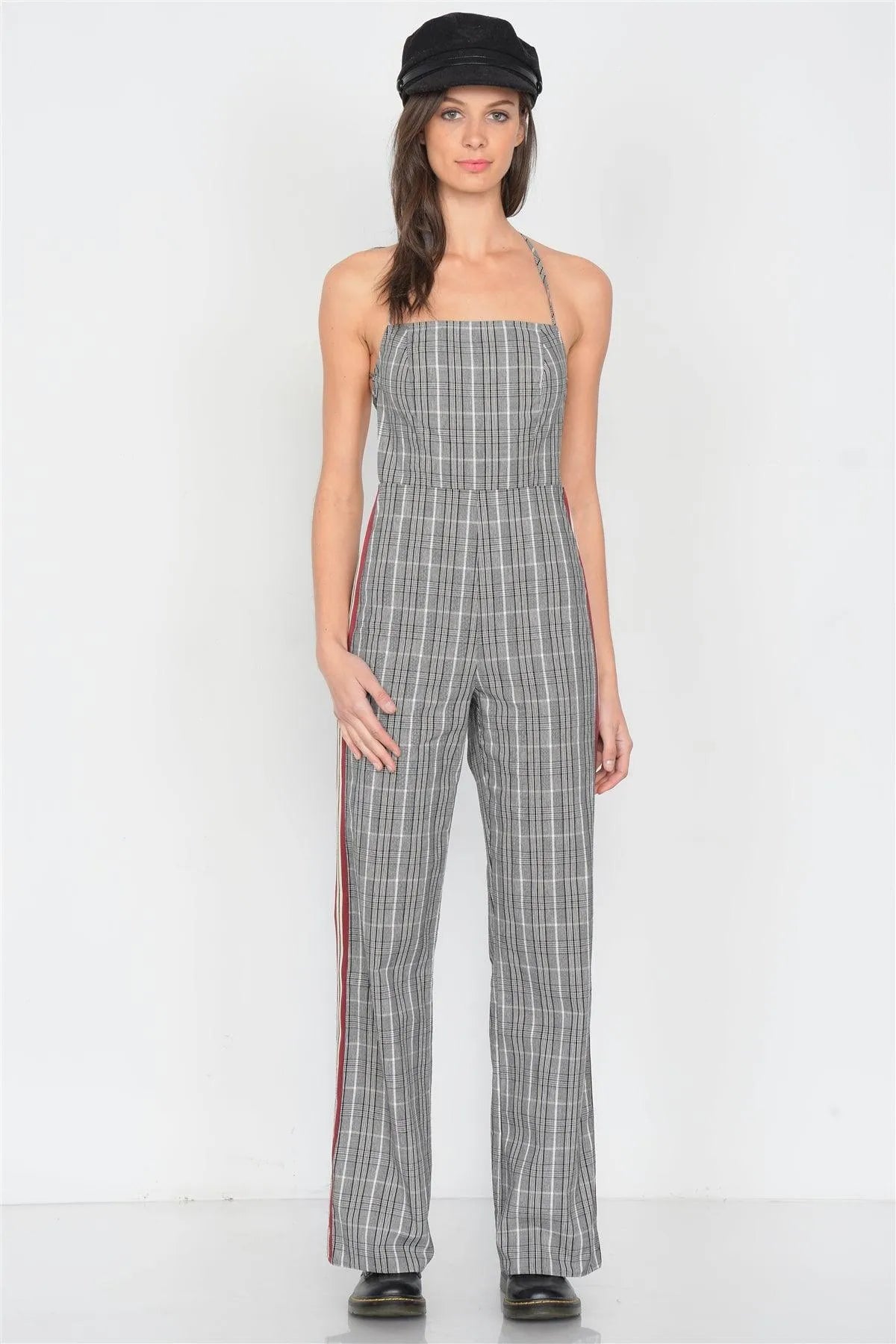 Checkered Wine & White Color Block Cotton Jumpsuit /3-2-1 - Tasha Apparel Wholesale