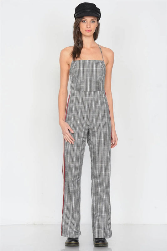 Checkered Wine & White Color Block Cotton Jumpsuit /3-2-1 - Tasha Apparel Wholesale
