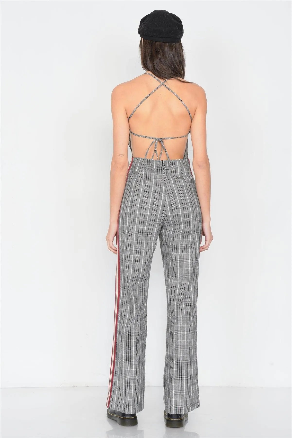 Checkered Wine & White Color Block Cotton Jumpsuit /3-2-1 - Tasha Apparel Wholesale