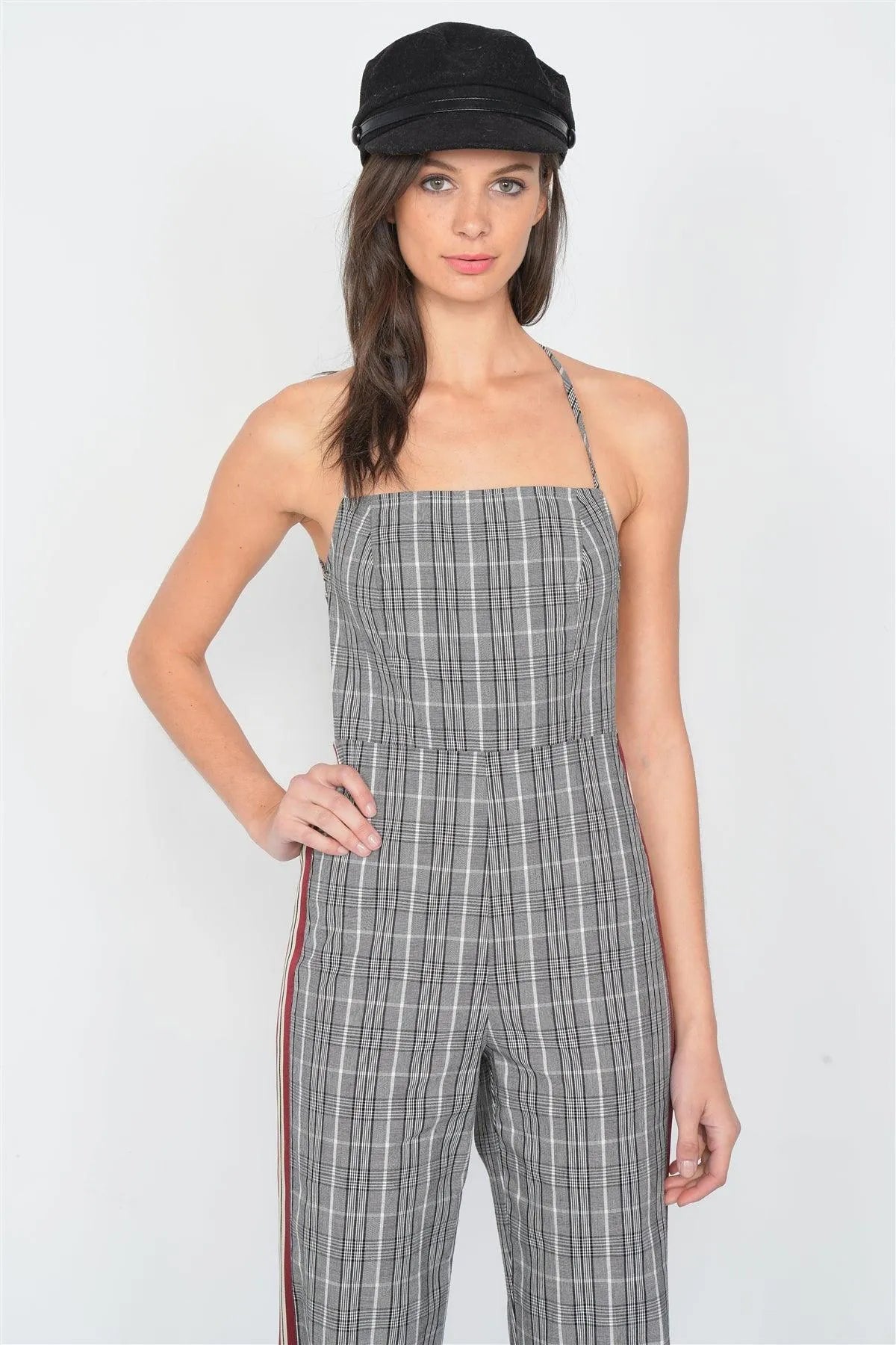 Checkered Wine & White Color Block Cotton Jumpsuit /3-2-1 - Tasha Apparel Wholesale