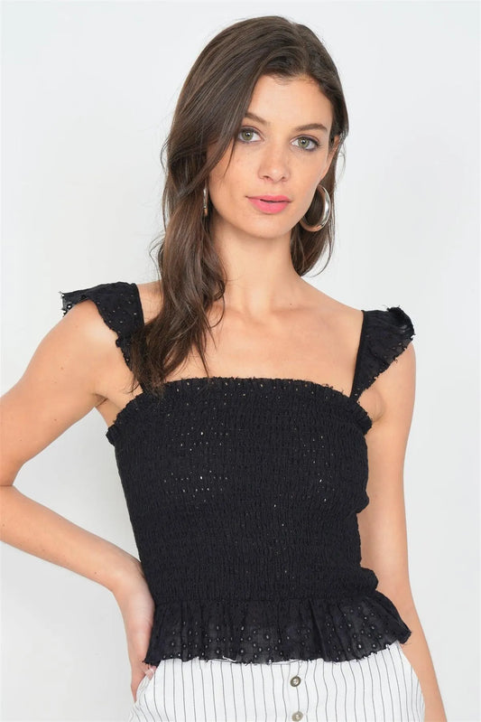 Black Cotton Smocked Eyelet Frill Peplum Cami Strap Top /3-2-1 - Tasha Apparel Wholesale