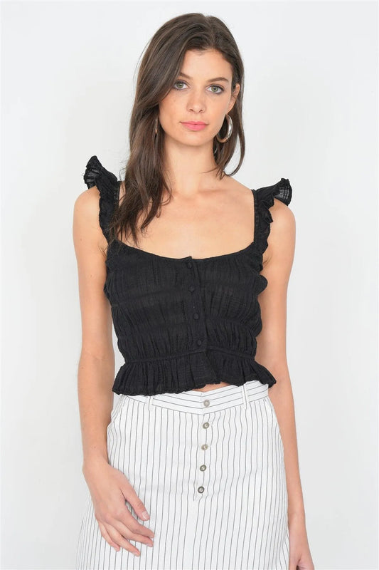 Black Cotton Smocked Eyelet Frill Peplum Cami Strap Top /4-2-1 - Tasha Apparel Wholesale