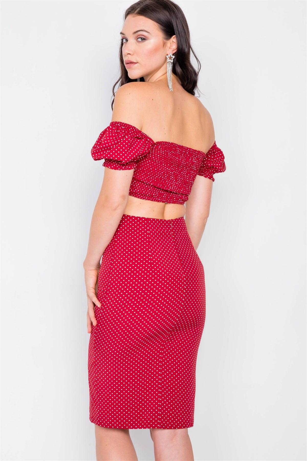 Red Polkadot Printed Ruched Crop Top & Midi Skirt Set