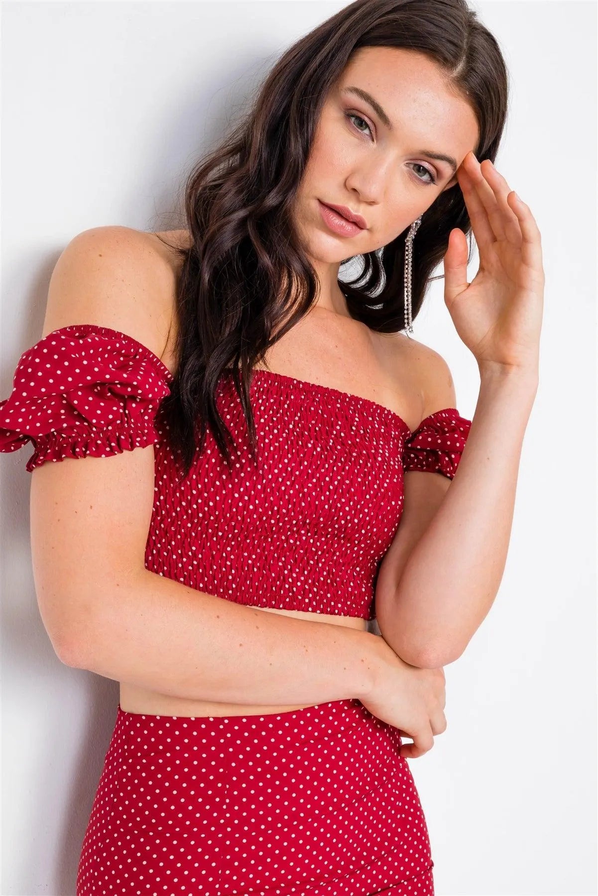 Red Polka Dot Printed Ruched Crop Top & Midi Skirt Set - Tasha Apparel Wholesale