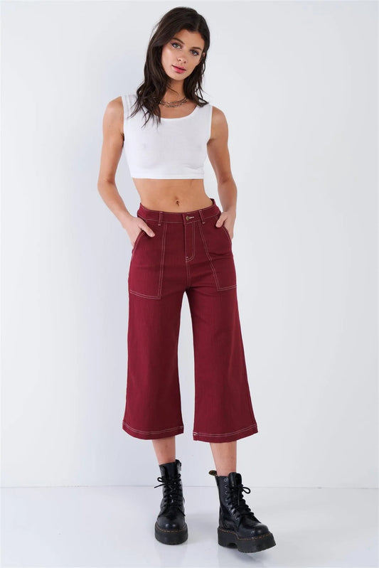 Red Bean Wide Leg Denim Gaucho Jeans - Tasha Apparel Wholesale