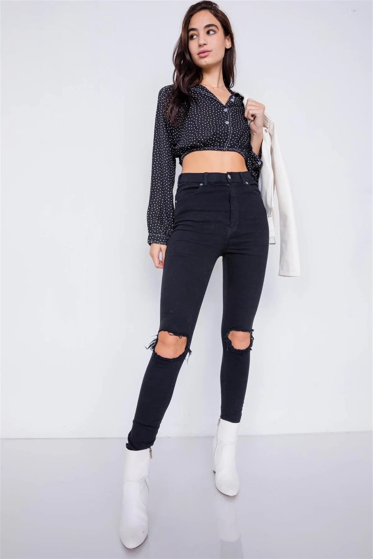 Black Polkadot Contrast Stitching Chiffon Crop Top /3-2-1 - Tasha Apparel Wholesale