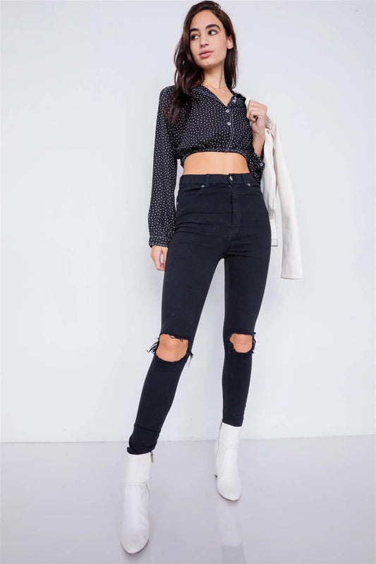 Black Polkadot Contrast Stitching Chiffon Crop Top /3-2-1 - Tasha Apparel Wholesale