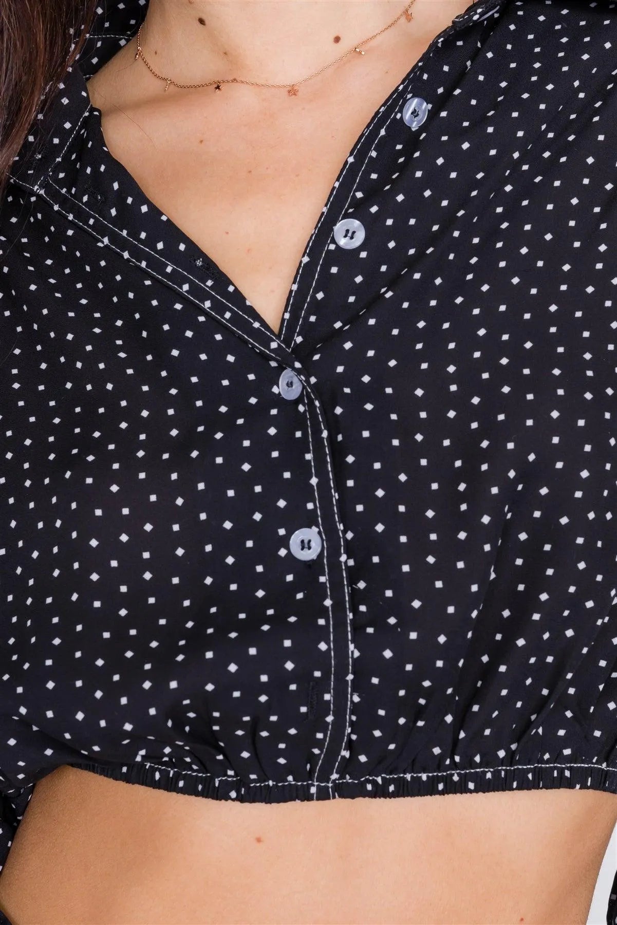 Black Polkadot Contrast Stitching Chiffon Crop Top /3-2-1 - Tasha Apparel Wholesale