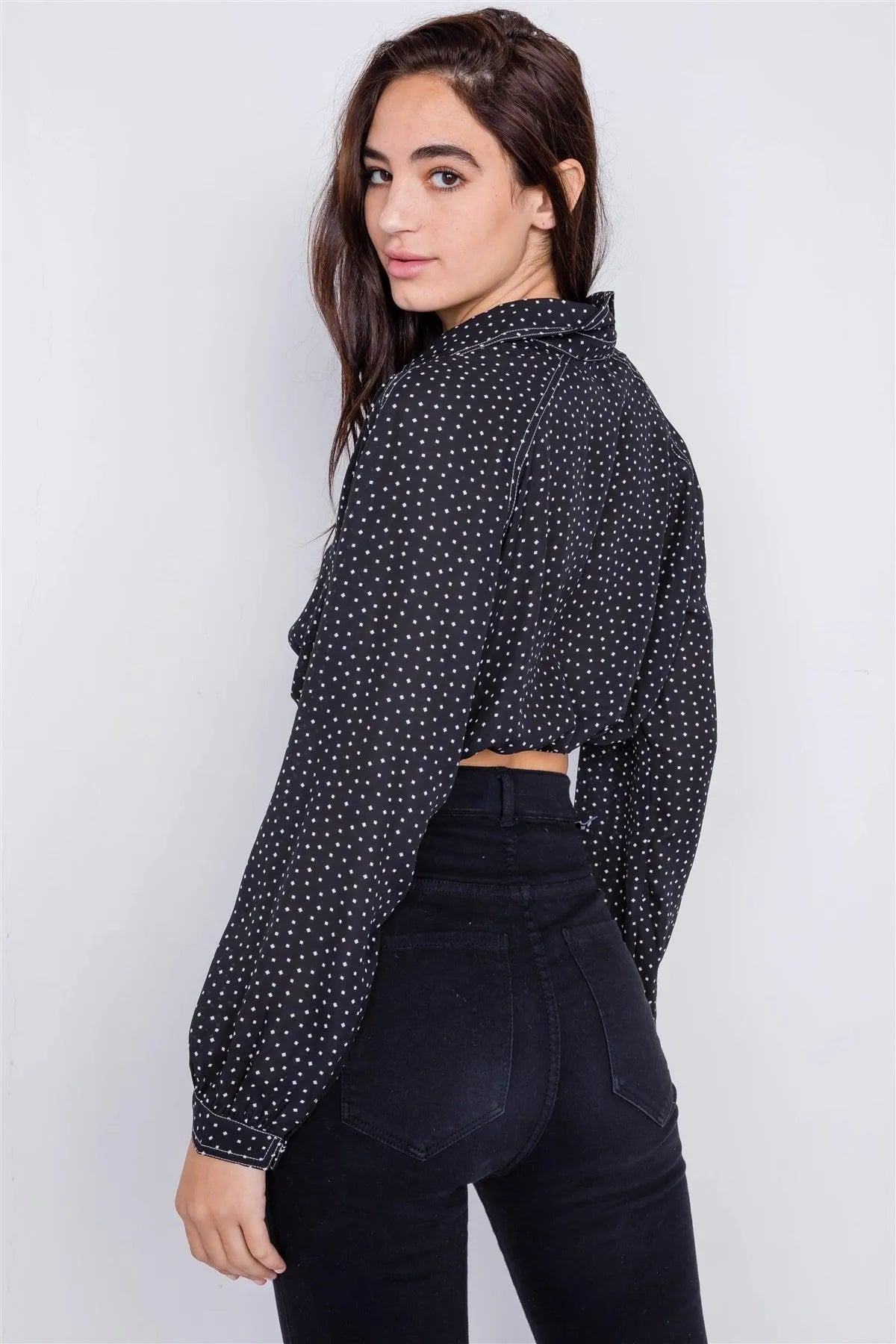 Black Polkadot Contrast Stitching Chiffon Crop Top /3-2-1 - Tasha Apparel Wholesale