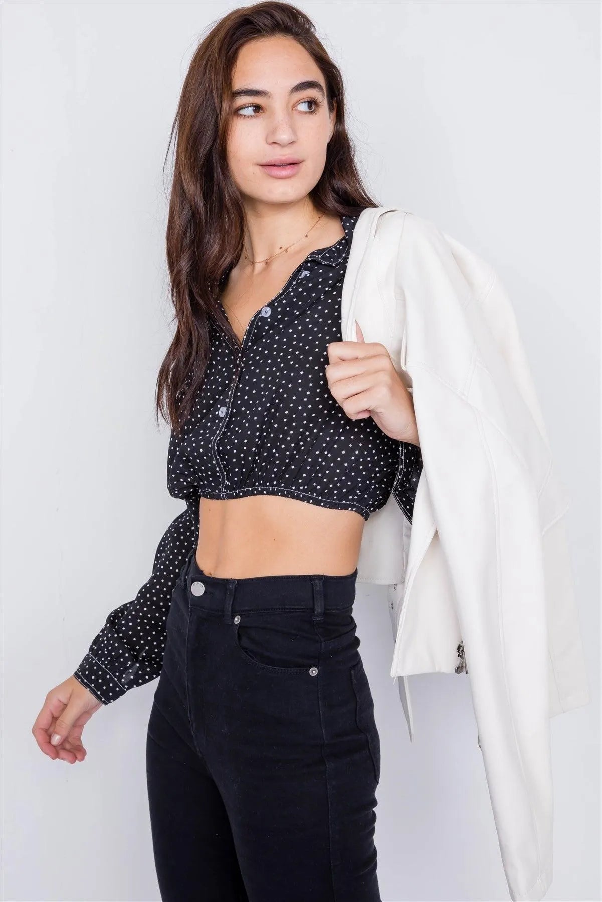 Black Polkadot Contrast Stitching Chiffon Crop Top /3-2-1 - Tasha Apparel Wholesale