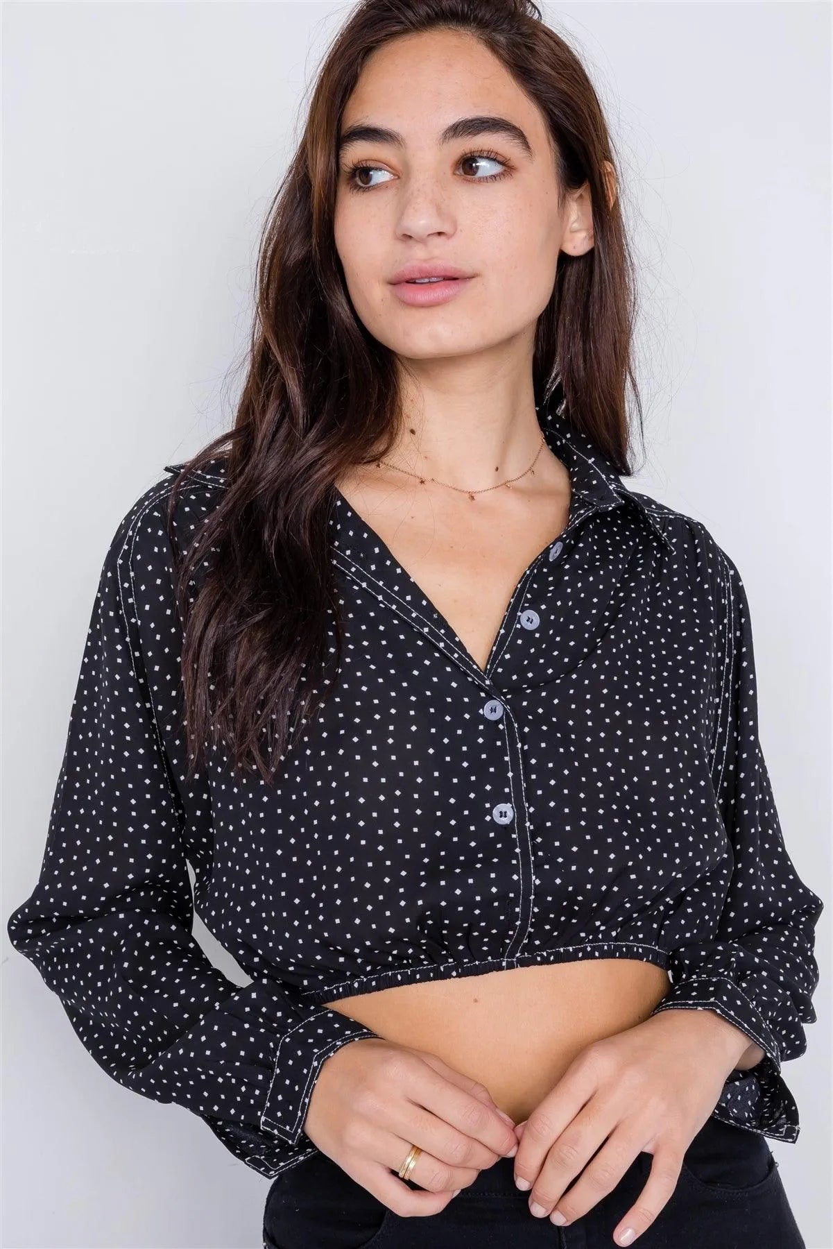 Black Polkadot Contrast Stitching Chiffon Crop Top /3-2-1 - Tasha Apparel Wholesale