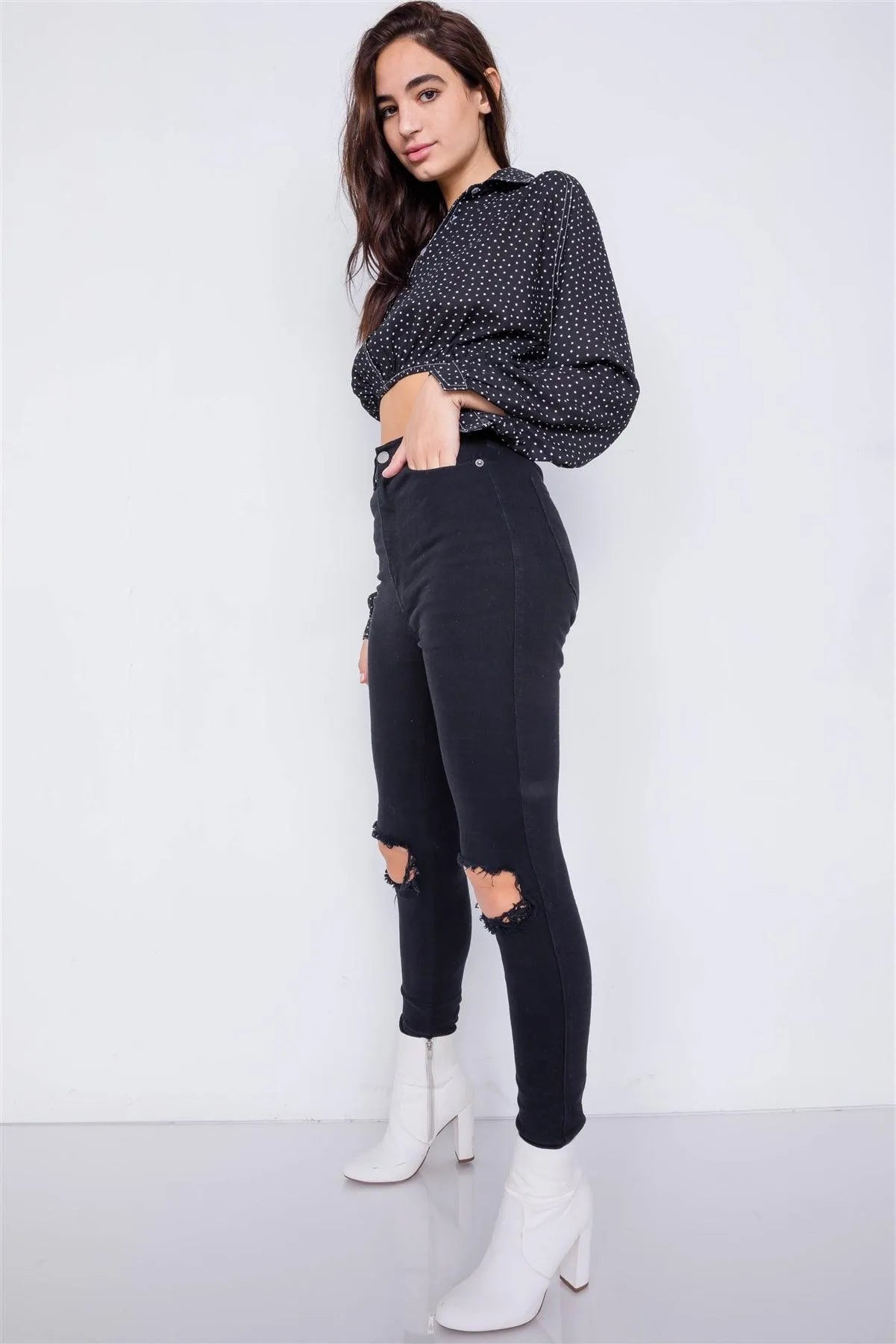 Black Polkadot Contrast Stitching Chiffon Crop Top /3-2-1 - Tasha Apparel Wholesale