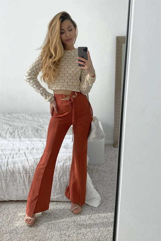 Brick High-Waisted Pleated Mini Ankle Slit Wide Leg Pant /3-2-1 - Tasha Apparel Wholesale