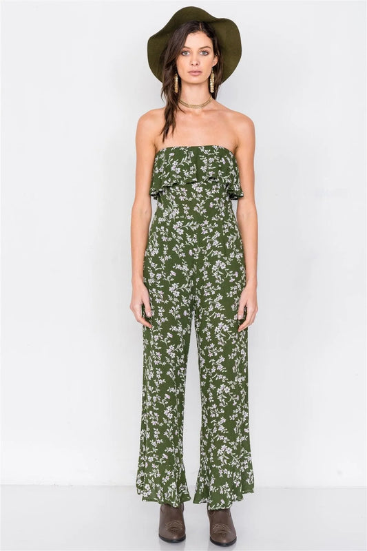 Moss Boho Floral Print Tube Top Flounce Trim Wide Leg Jumpsuit /3-2-1 - Tasha Apparel Wholesale