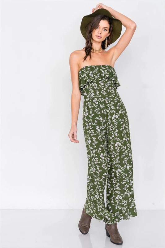 Moss Boho Floral Print Tube Top Flounce Trim Wide Leg Jumpsuit /4-2-1 - Tasha Apparel Wholesale
