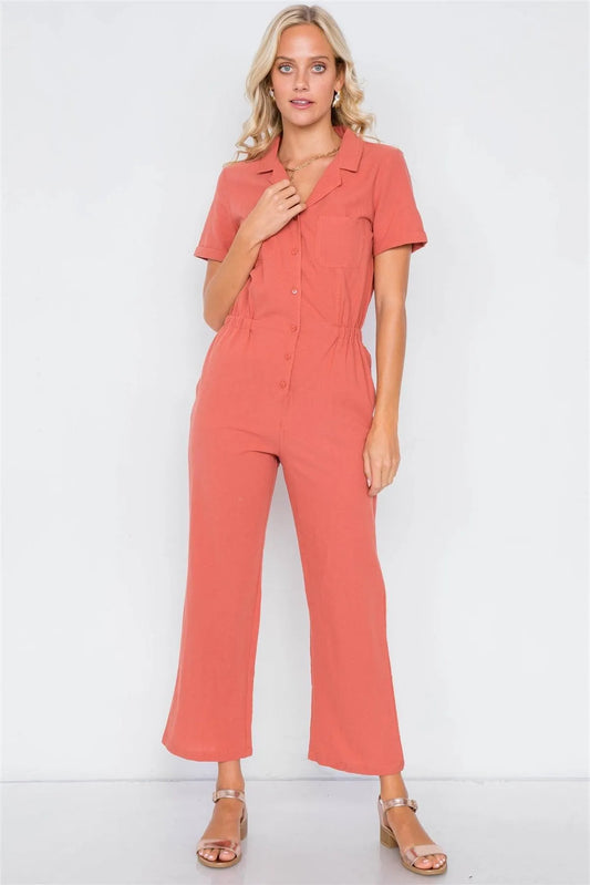 Terracota V-Neck Cuffed Short Sleeve Ankle Leg Jumpsuit /3-2-1 - Tasha Apparel Wholesale