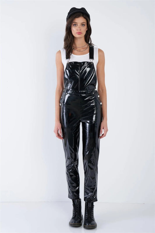 Black Faux Leather Skinny Leg Overall Jumpsuit /3-2-1 - Tasha Apparel Wholesale