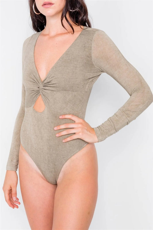 Taupe Twist Front Cut-Out V-Neck Long Sleeve Bodysuit /3-2-1 - Tasha Apparel Wholesale