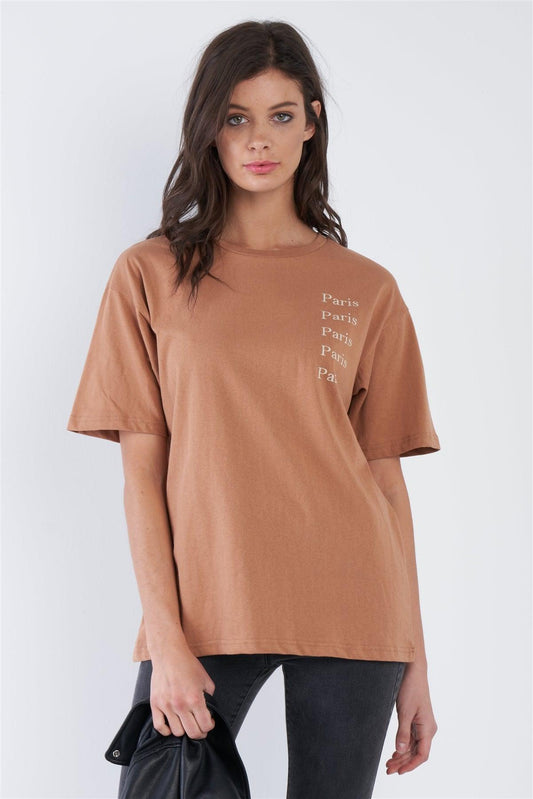 Bronze Beige "PARIS" Logo Graphic Short Sleeve Cotton Tee /3-2-1 - Tasha Apparel Wholesale
