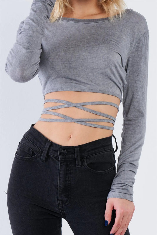 Grey Acid Wash Waist Tie Crop Top /3-2-1 - Tasha Apparel Wholesale