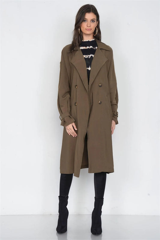 Moss Maxi Side Slit Double Breasted Chic Cover-Up Jacket /3-2-1 - Tasha Apparel Wholesale