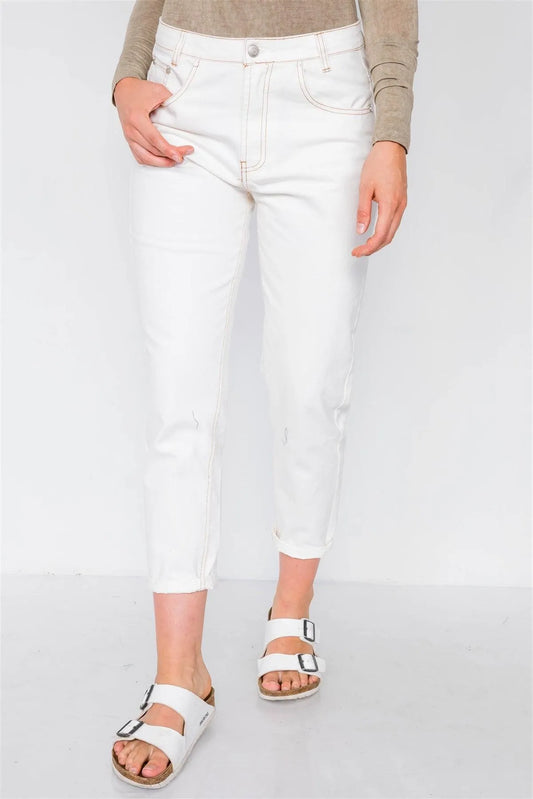 Off White Jeans With Brown Stitching /2-2-1 - Tasha Apparel Wholesale